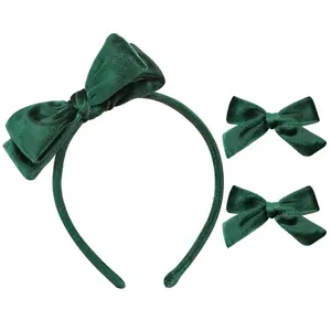 BY-LHDW008  Dark Green Velvet Bow Headband & 2 Pcs Velvet Hair Bows Set - Uniform Hair Accessories for Little Toddler School Girls
