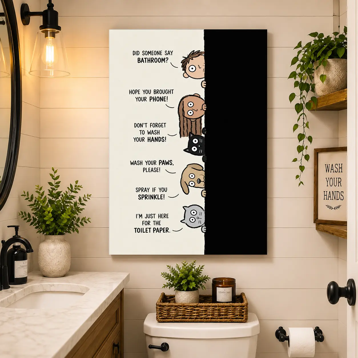 Funny Bathroom Wall Art Canvas, Cute Animal Peeking Poster with Humorous Quotes, Quirky Bathroom Decor, Funny Toilet Wall Art, Farmhouse Restroom Decoration, Gift for Animal Lovers