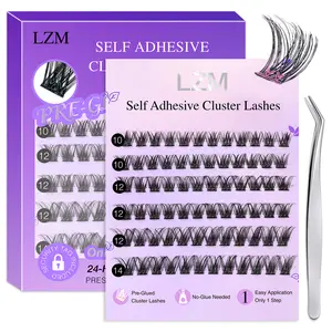 Self Adhesive Eyelashes Clusters Pre-glued - No Glue Needed Lashes Press on Lashes 10-14mm D Curl Volume Lashes, Individual Lash Extension Kit with Lash Tweezers 14