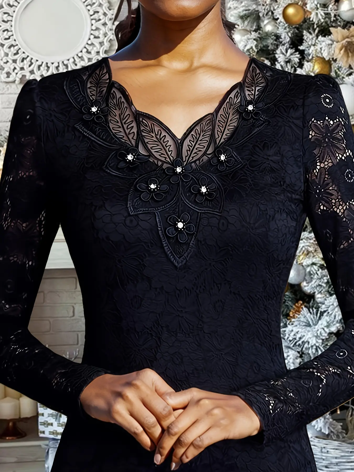 Women's V-Neck Long Sleeve Lace Patchwork Fitted Top, Casual Classy Elegant, Elegant Fall Winter Fashion, Slimming Fit, Casual Stylish Women's Shirt, Casual Blouse, Womenswear, Fashion Fitted Clothes
