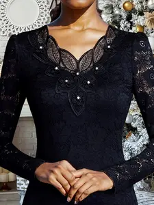 Women's V-Neck Long Sleeve Lace Patchwork Fitted Top, Casual Classy Elegant, Elegant Fall Winter Fashion, Slimming Fit, Casual Stylish Women's Shirt, Womenswear