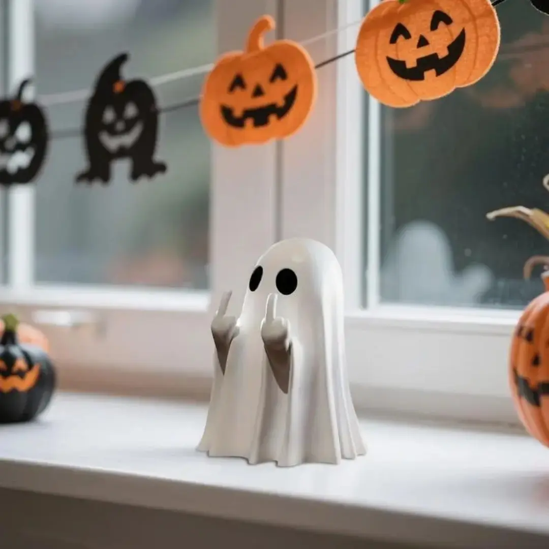 Halloween Ghost Figurine-Spooky Resin Middle Finger Ghost Statue, Cute Ghost Decor for Halloween Decorations Porch and Indoor Spooky Home Decor (Flipping Finger Ghost)