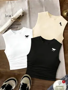 Womens 3 Pack 2026 Summer Trendy Horse Print Ruched Sleeveless Tank Tops Y2K Aesthetic Slim Fit Crew Neck Basic Solid Color Camisole Casual Daily Streetwear Going Out Party Clubwear Soft Comfy Multiple Colors Available