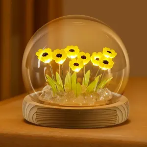 Handmade Sunflower LED Night Light, 1 Piece, 10/20 Artificial Sunflowers, Glass Cover with Base, Battery Powered, Bedroom Decor Gift