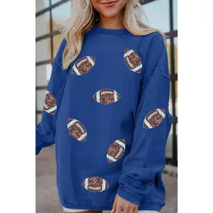 Dark Blue Ribbed Texture Sequin Football Patched Baggy Sweatshirt