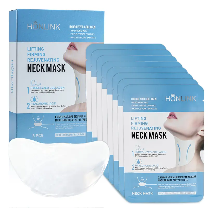 HONLINK 8-Pack Collagen Neck Mask for Firming & Moisturizing - Anti-Aging Neck Patches for Crepey Skin - With Hyaluronic Acid to Boost Elasticity & Hydration