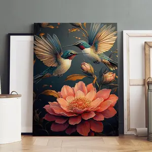 Hummingbird & Flower Pattern Wall Art, Modern Art Canvas Painting with Frame, Wall Decor for Home Living Room Bedroom Office, Canvas Prints