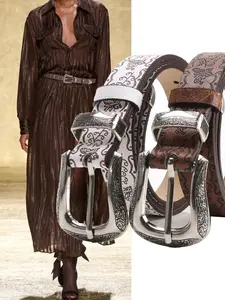 Women's Fashion Vintage Print Belt, Ethnic Style Versatile Denim Y2K Waistband, American Retro Distressed Trendy Belt, Western Buckle Belt, Western Cowboy Belt