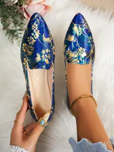 New Spring Fall Women's Casual Fashion Pointed Toe Flat Shoes, Colorful Floral Prints, Comfortable Soft Sole, Medium Width, Textile Upper, Flower
