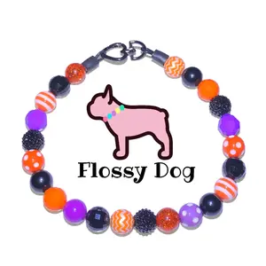 Halloween Beaded Dog Collar | Durable Dog Necklace | Orange, Black, & Purple Halloween Bead Collar | with Collar Charm