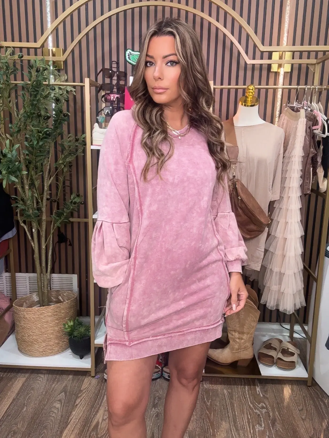 Mineral wash long sleeve dress- Round Neck