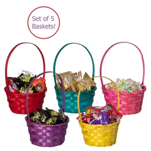 212 MAIN Bamboo Wicker Round Organiser Baskets with Handles - 5 Assorted Color Small Size Buckets, 5 Pieces for Easter, Gift Packing, Five Pieces