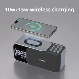 Wireless charging Bluetooth clock speaker supports TF card playback FM  audio input with LED night light built-in white noise