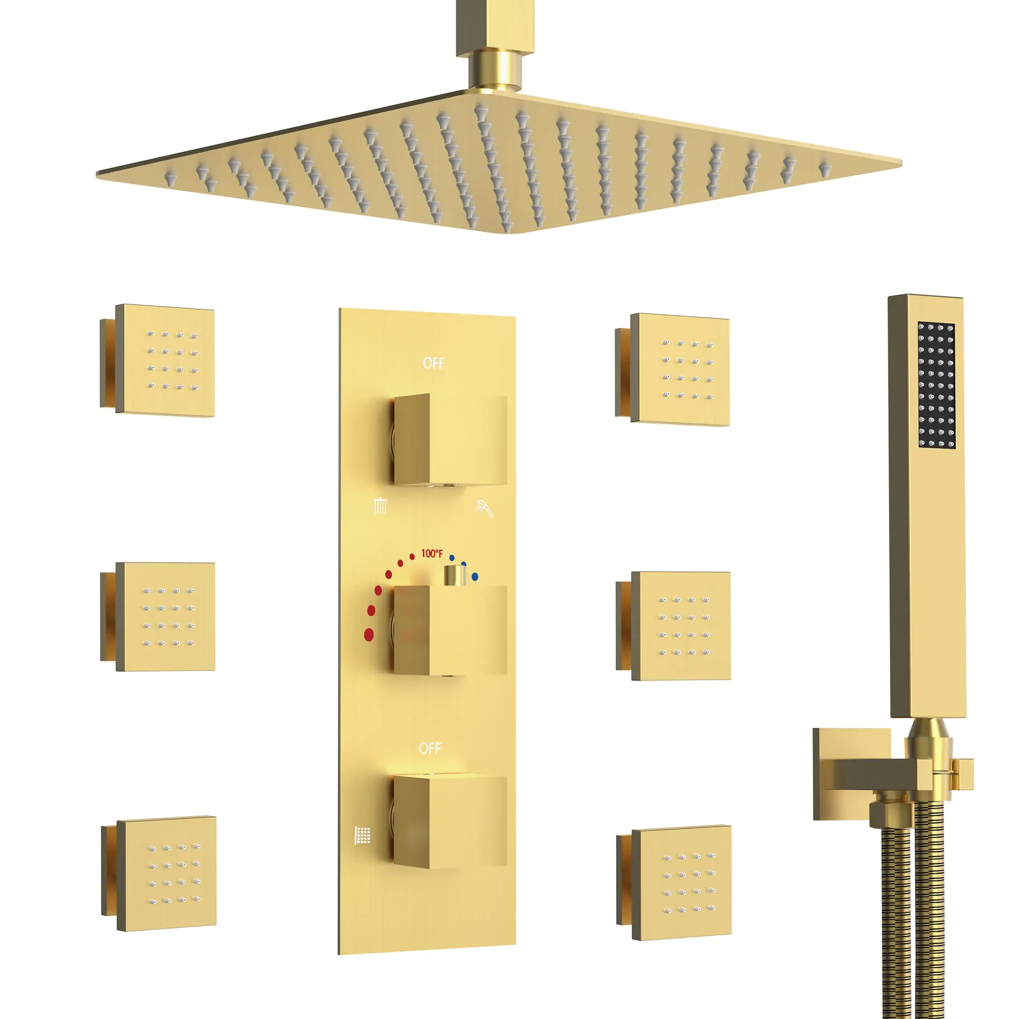 Thermostatic Shower System 12 Inch Rain Shower Head with 6 Body Sprays, Brushed Gold, Brushed Nickel, Includes Rough-in Valve canopy  showerhead