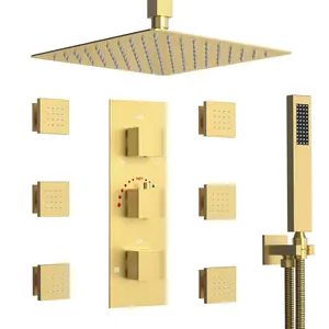 Thermostatic Shower System 12 Inch Rain Shower Head with 6 Body Sprays, Brushed Gold, Brushed Nickel, Includes Rough-in Valve canopy  showerhead