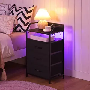 HOOBRO Nightstand with Charging Station, Bedside Table with 1 AC Outlet, 1 USB Port, and 1 Type-C Port, Night Stand with LED Light Strip and Non-Woven Drawers, for Bedroom, Black #SummerVibes