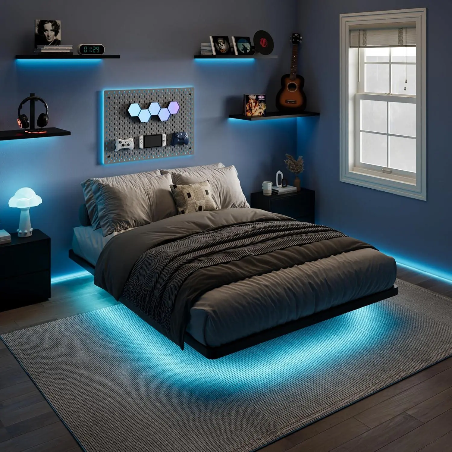 Floating Platform Bed Frame with LED Lights & Charging Station – 2‑Outlet USB Type‑C Ports, 13” Under‑Bed Storage, No Box Spring Needed, Noise‑Free, Easy Assembly for Modern Bedroom #FloatingBed #BedFrameWithLED