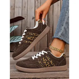 Women's Black Suede & Beige Leopard Print Retro Sneakers Lace-Up Rubber Gum Sole Casual Trainers Daily Outdoor Walking Lifestyle Shoes Fashion Mixed-Material FootwearRAIMENTRY