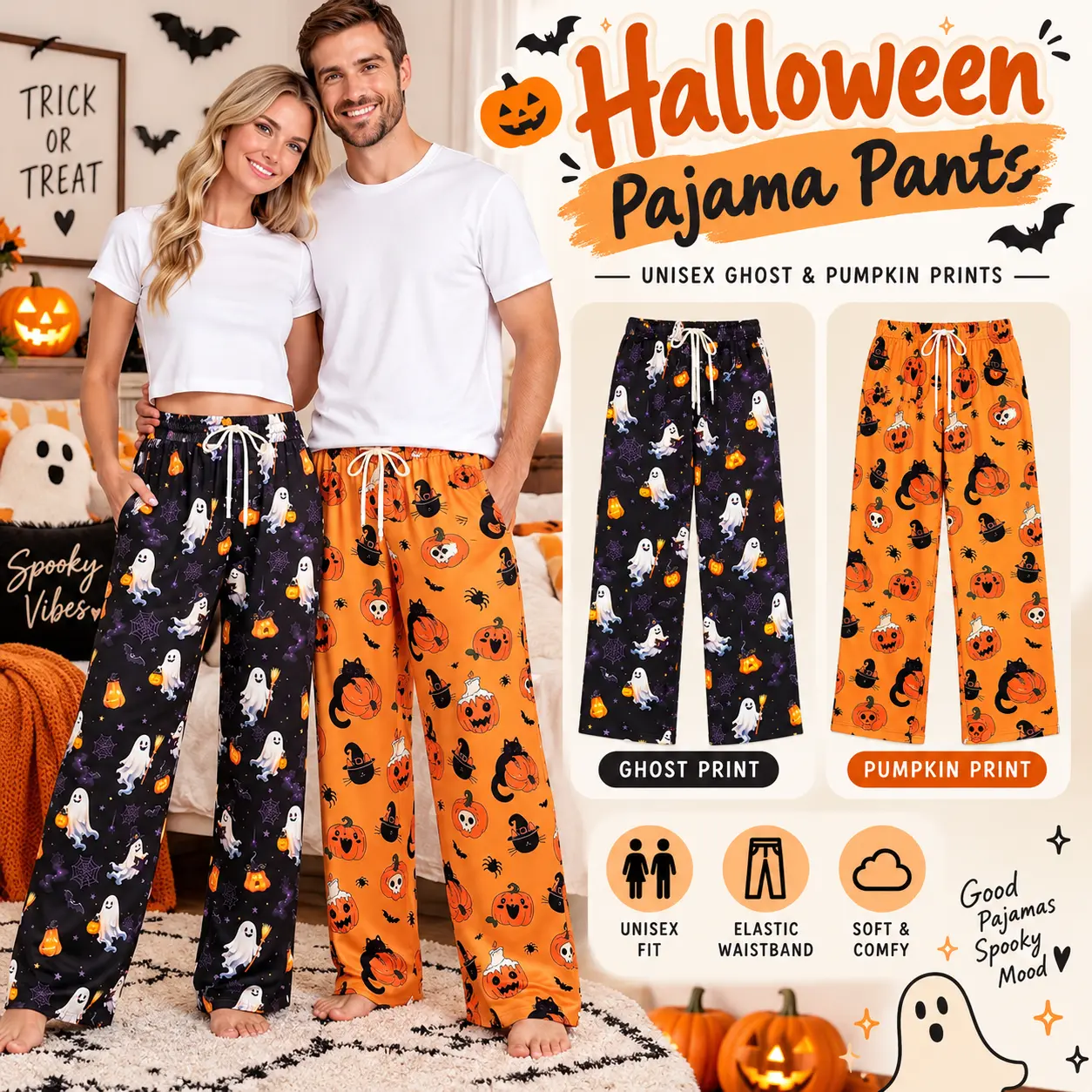 Halloween Pajama Pants, Unisex Ghost & Pumpkin Print Wide Leg Lounge Pants, Couples Matching Sleepwear, Comfy Relaxed Fit Fall Pajama Bottoms for Men & Women