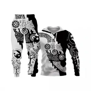 Wolf print Men's autumn and winter Casual hooded sweater Set