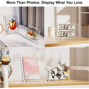 4x6 Clear Acrylic Picture Frames with Scalloped Edges, 3-Pack Magnetic Frame with Stand for Horizontal or Vertical Display, Tabletop or Desk Photo Holder