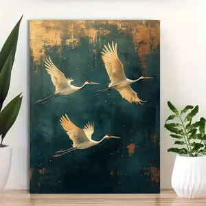2D Flat, 2D Flat, 2D Flat 1pc 12X16 Inch Art Print Or Poster Featuring Japanese Cranes in Flight, Framed in Emerald Green, Suitable for Wall Decoration with a Green And Golden Theme	