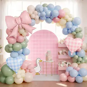 Silly Goose Balloon Arch with Checkered Heart Bow Foil Balloons, Pink Blue Sage Green Sand White Ivory Balloon Garland for Girls Boys First Birthday Baby In Bloom Baby Shower Flower Fairy Tea Decor