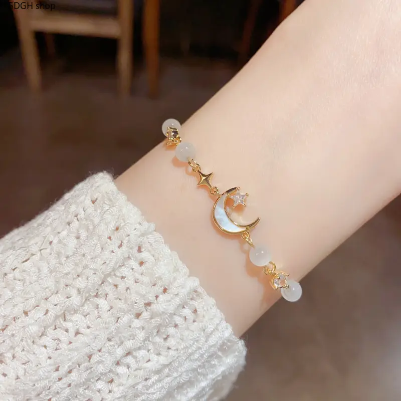 Female Charm Bracelet - Minimalist Celestial Motif, Moonstone Beads, Sparkling Star Accents, Adjustable Chain, Layer-Friendly - Ideal for Wedding Stacks, Bracelets, Minimalist Charm, Bridal Stacks, Charm Bracelets