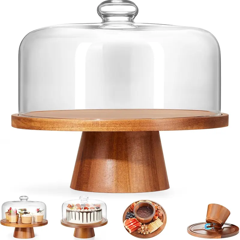 SANNAX 11-in Universal Wooden Cake Stand with Lid - Strong Magnetic Pedestal, Stable Base, Compact Cool Kitchen Gadget, Home Kitchen Supplies for Festive Party Dessert Display
