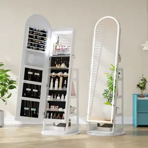 [Christmas Gift]FREDEES LED Lockable Jewelry Mirror Cabinet,Standing Jewelry Armoire with Arched Full-Length Mirror, Frameless Full-Length Mirror, 3 Storage Shelves Gift Idea Decor