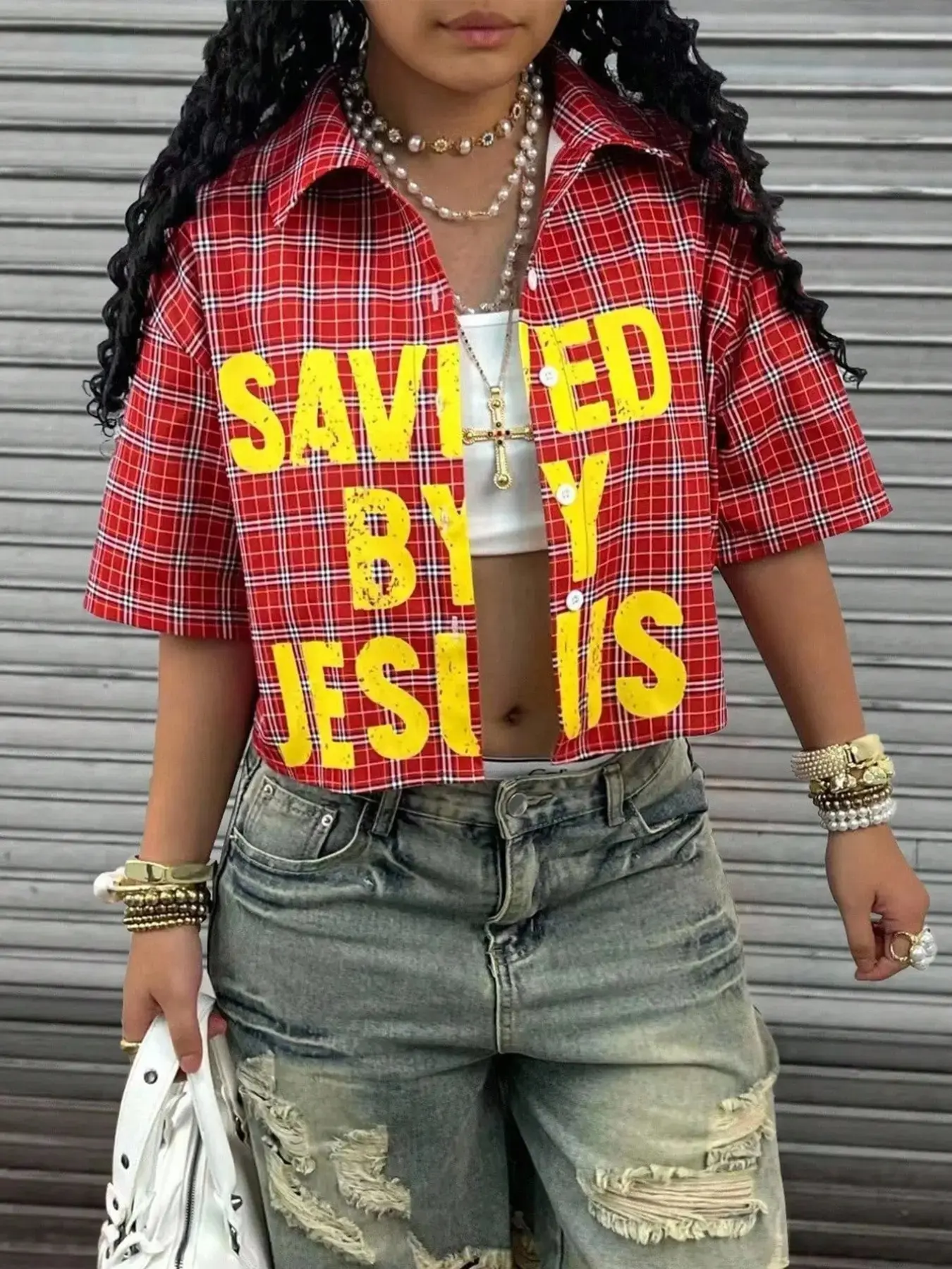 Women's Plus Size Short Cardigan Shirt Collar Drop Shoulder Short Sleeve Blouse Top, Casual Fashion Collared, Letter Print, Geometric, Casual Sporty Style, Summer Season, Womenswear