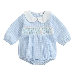 Newborn Baby Boy Romper Mama‘s Boy Letter Embroidery Bubble Romper Smocked Outfit Plaid Doll Collar Long Sleeve Jumpsuit for Infant Fall Winter Clothes