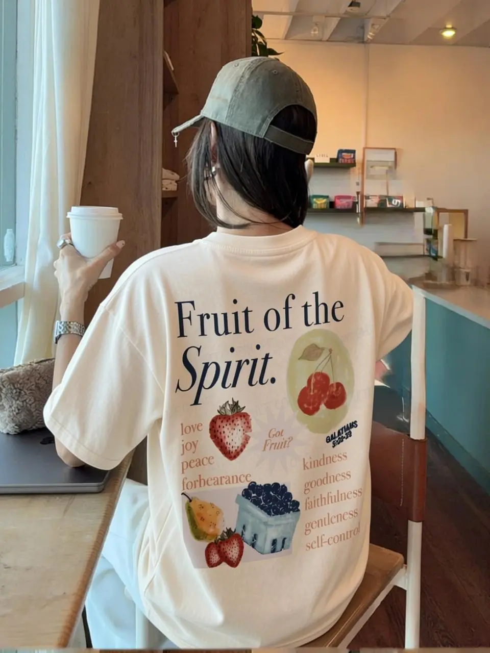 Women's Soultt Fruit of the Spirit Printed Retro Round Neck Top, Christian Bible Verse Art Heavyweight Oversized Cotton T-Shirt, Breathable Casual Everyday Wear