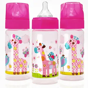 9 oz Anti Colic Baby Bottles for Breastfed Babies - Medium Flow Nipples, Wide Neck Bottle, BPA Free - 3-6 Months, Stage 2 (Set of 3) Pink Baby Bottles - Giraffes