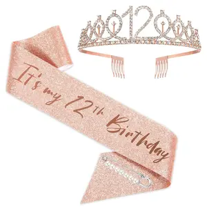 Rose  12th Birthday Party Favor Set - Sash, Tiara, '12 & Fabulous' Crown for Girls, Birthday Party Supplies