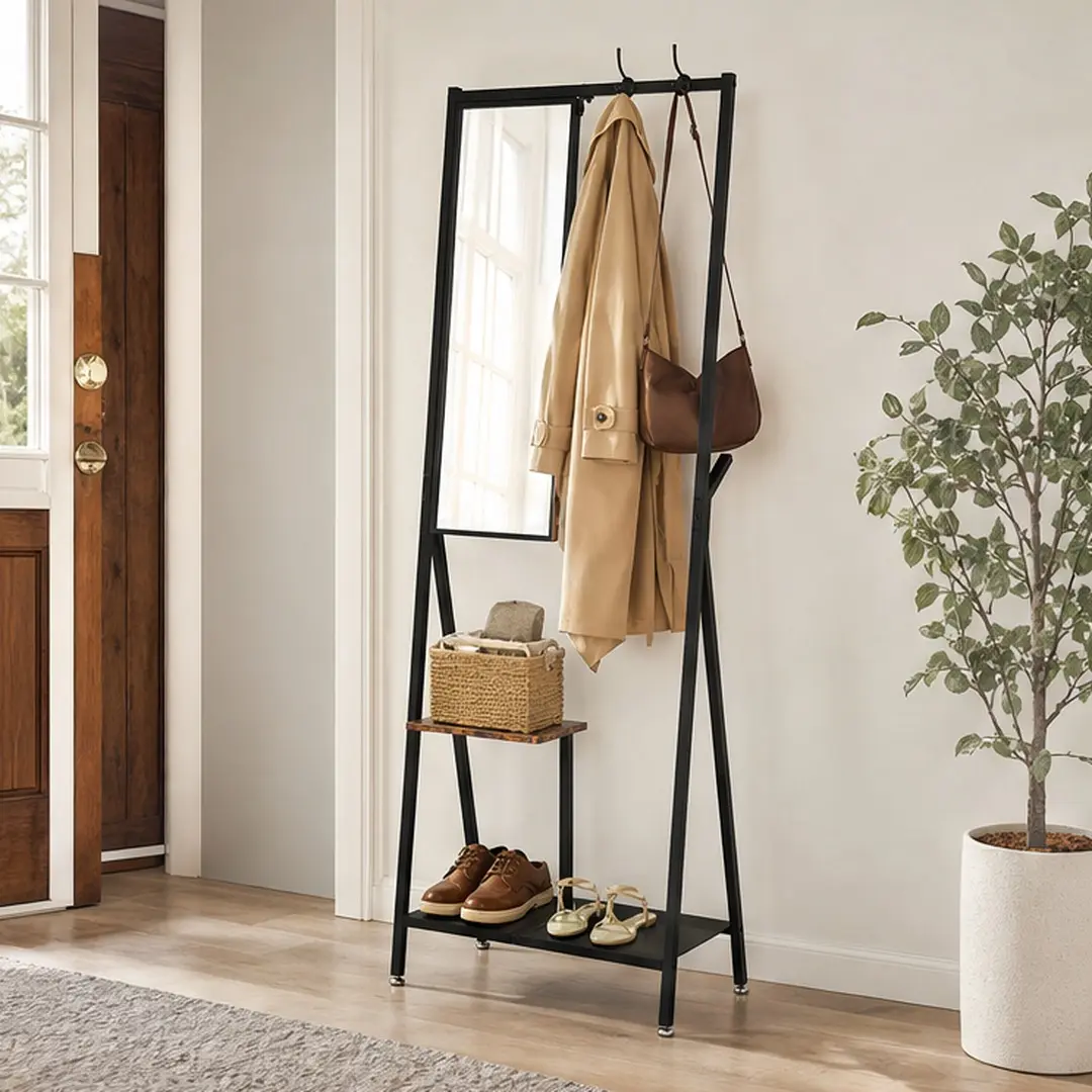 Industrial Chic Decorative Wall-Mounted Coat Rack with Mirror Hook, Black Metal Frame Hall Tree, Space-Saving Shoe Storage, Ample Hooks, Rustic Finish, Easy Installation, 32x73x15" (32.00w x73.00d x15.00h in), 15.50lb, for Entryway Living Room, Black Fram