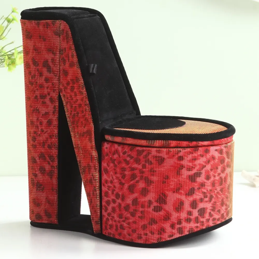 9" Tall Wood Jewelry Organiser Bin with Seat, Cover, Hidden Storage, High-Heel Shoe Design, Leopard Print Home Storage Box