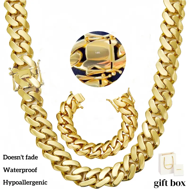 Men's 14K Gold Plated Square Rope Chain Necklace 30" & Matching 9" Bracelet Set – Brass, Gold Color