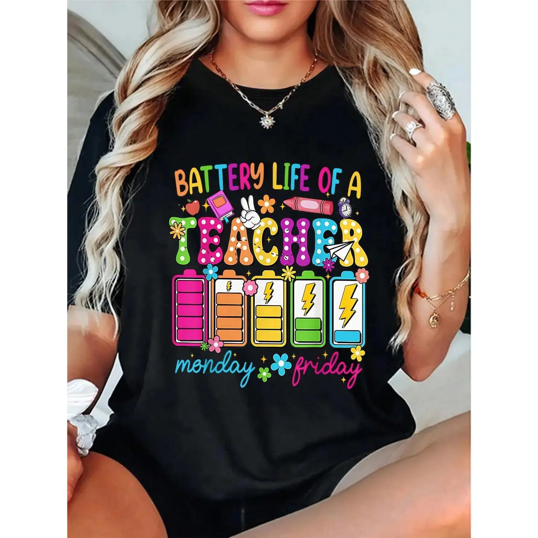 Men's 100% Cotton Casual Round Neck T-Shirt - Whimsical Teacher Battery Life Design, Streetwear Top, Back to School Essential, Teacher Aide Apparel
