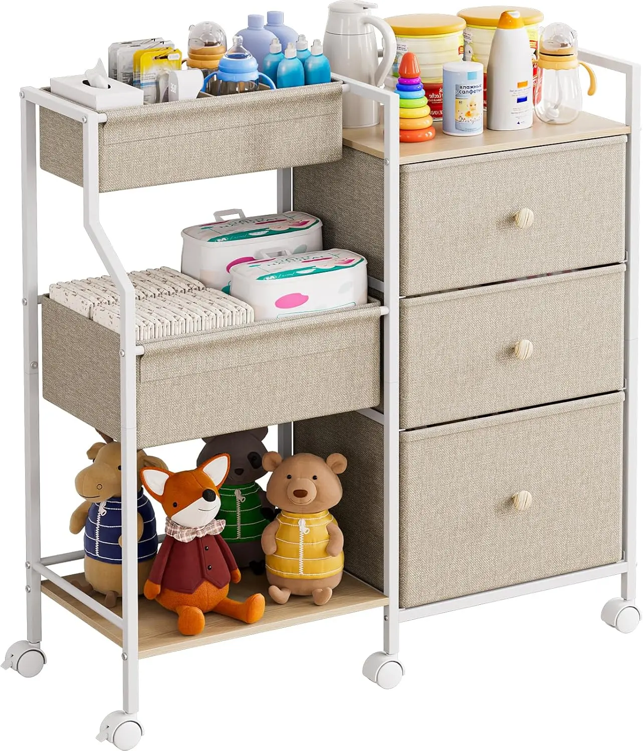Baby Diaper Caddy Organizer Rolling Cart with Drawers| Detachable Dividers, 3 Tier Rolling Cart, Mobile Utility Cart with Wheels for Nursery, Bedroom, Changing Table & Crib Household Kitchen Beige Decorative
