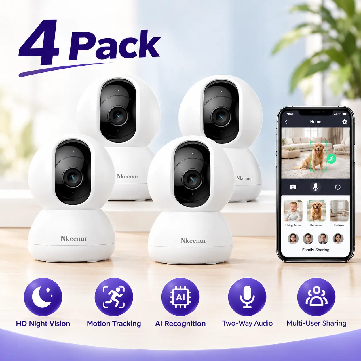 NKCCNUR 4PCS Indoor WiFi Cameras, 4K HD Display, 355° Rotation, Motion Tracking, AI Smart Human/Pet Recognition, HD Night Vision, Two-Way Audio,Real-Time Recording, SD/Cloud Storage Support, Indoor WiFi Baby & Pet Camera