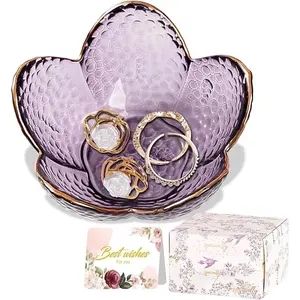 Purple Flower Jewelry Dish Glass Ring Holder Dish Jewelry Tray Cute Vanity Organizer Aesthetic Nightstand Bathroom Room Decor Trinket Dish Valentine's Friendship Christmas Birthday Gifts for Women