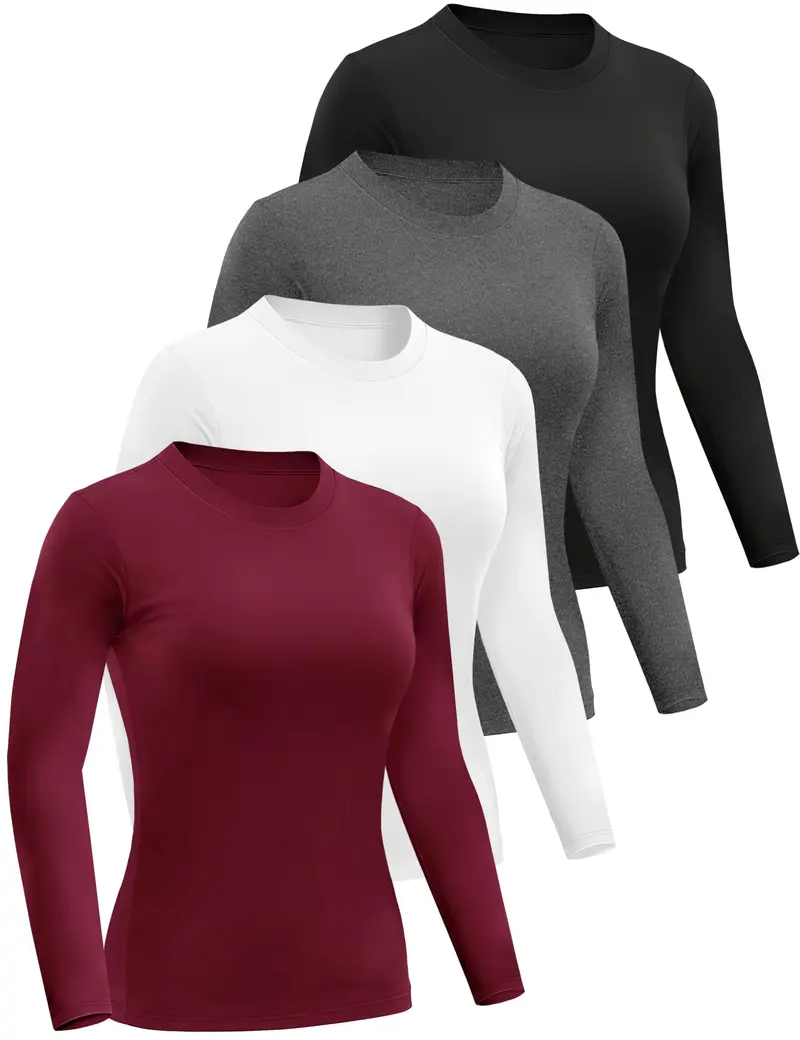 TELALEO Women's 4 value pack Long Sleeve Basic Shirts Crew Neck Slim Fitted Compression Gym Workout Athletic Undershirts in Black White Gray & Red