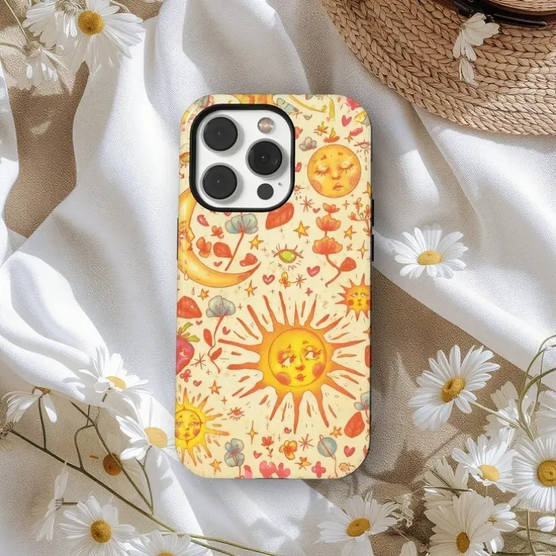 Boho Sun Moon Celestial Spring Durable Smartphone Case - Vintage Astrology Aesthetic Casing, Protective Cover Accessory, Compatible with iPhone 11 12 13 14 15 16 17 Pro Max Air Plus