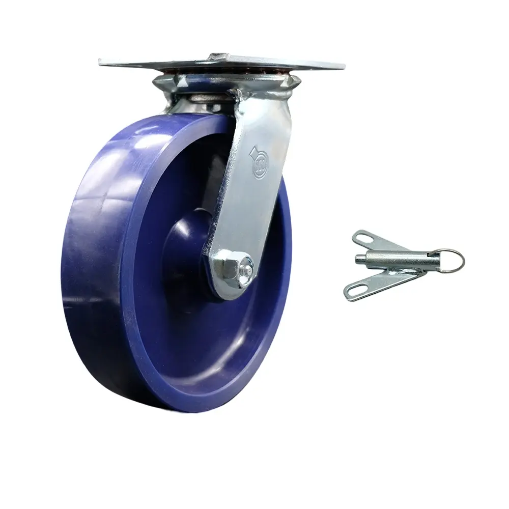 Service Caster SCC-35S820-SPUR-BSL Heavy Duty Large Top Plate Solid Polyurethane Swivel Caster with 8 x 2 in. Blue Wheel & Bolt on Swivel Lock - 1200 lbs Capacity per Caster