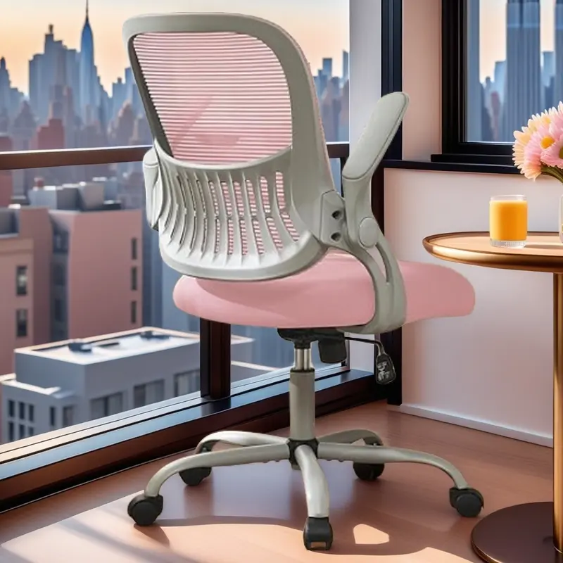 Pink Ergonomic Office Chair with Adjustable Lumbar Support, Mid-Back Mesh Rolling Swivel Task Chair for Home Office, Study, and Gaming, 400LBS Capacity, Comfortable Lumbar Support, Comfy Arms, Adjustable Height, 360° Swivel, Easy Assembly, 23 Inches To 28