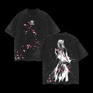 Byakuya Kuchiki Bleach Anime Double-Printed Vintage Washed Unisex Oversize Heavyweight Cotton Crewneck T-Shirt, Men's Streetwear Top