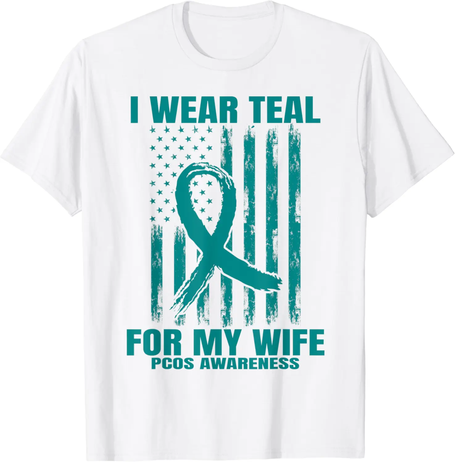 Mens Wear Teal Ribbon PCOS Awareness Wife American Flag Graphic T-Shirt - Jessicajon Shop 86B09FHHWLSZ