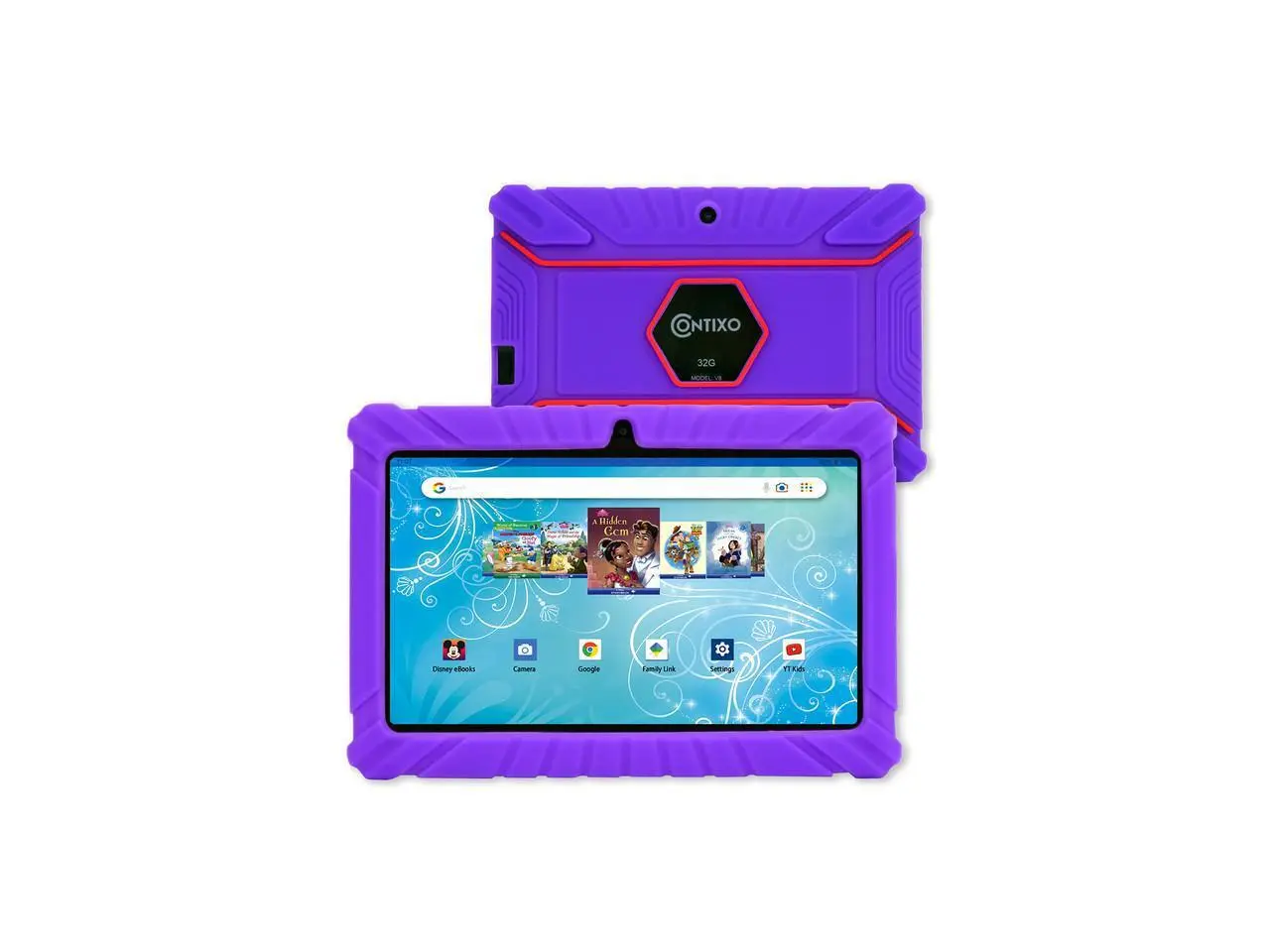 Contixo V8-2 7 inch Kids Tablets Android 11, 32 GB HD Display Dual Cameras Wi-Fi, w/ 50 Disney eBooks, Case & Screen Protector Learning Toys for 2 -10 Years Old (2023 Sep Release, Purple)