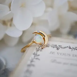 Celestial Crescent Moon Opal Ring in Gold Vermeil, Adjustable Unisex Band with Cubic Zirconia Accents